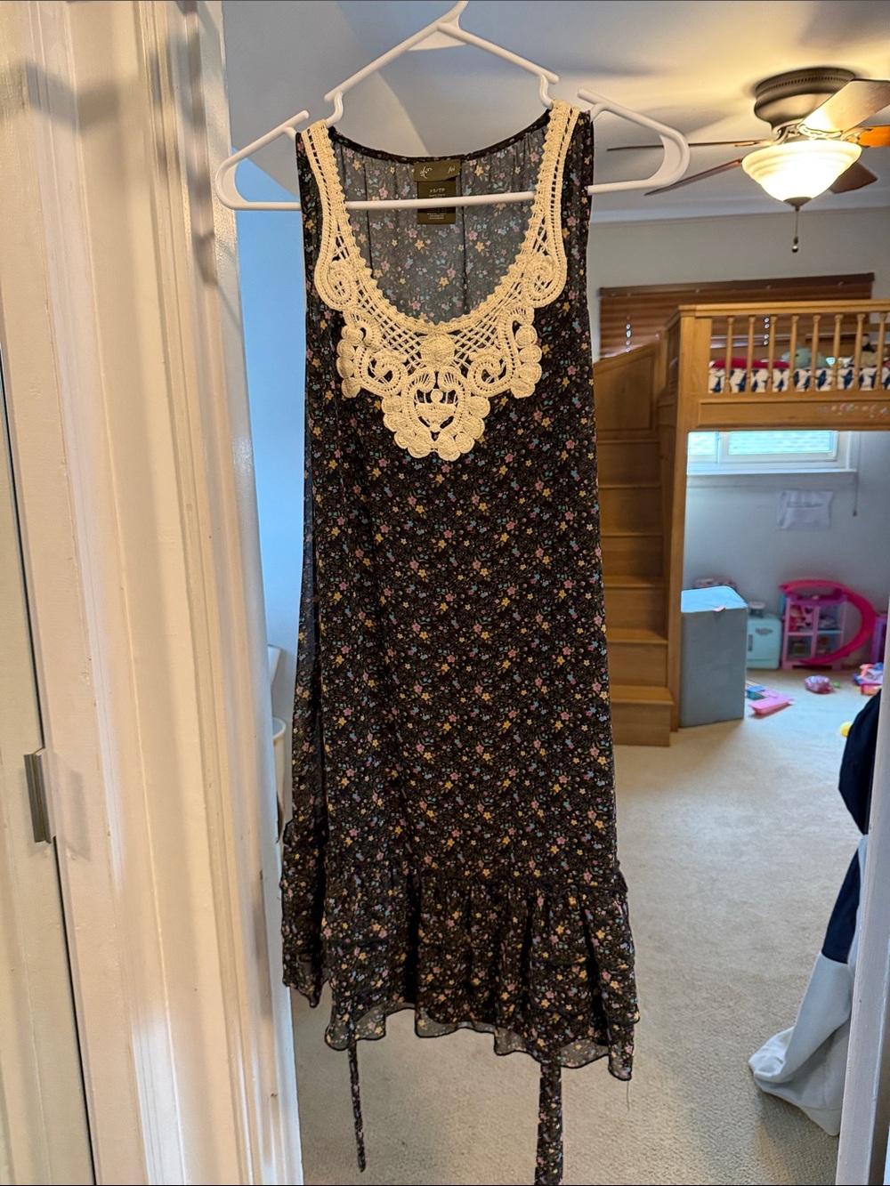 Sleeveless Floral Mini Dress with Cream Crochet Bib